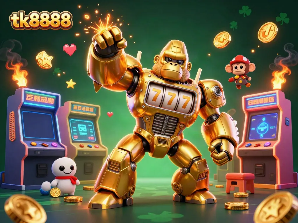 Engage in thrilling gameplay at tk8888 with a golden gorilla mech bursting with coins and slot machine magic.