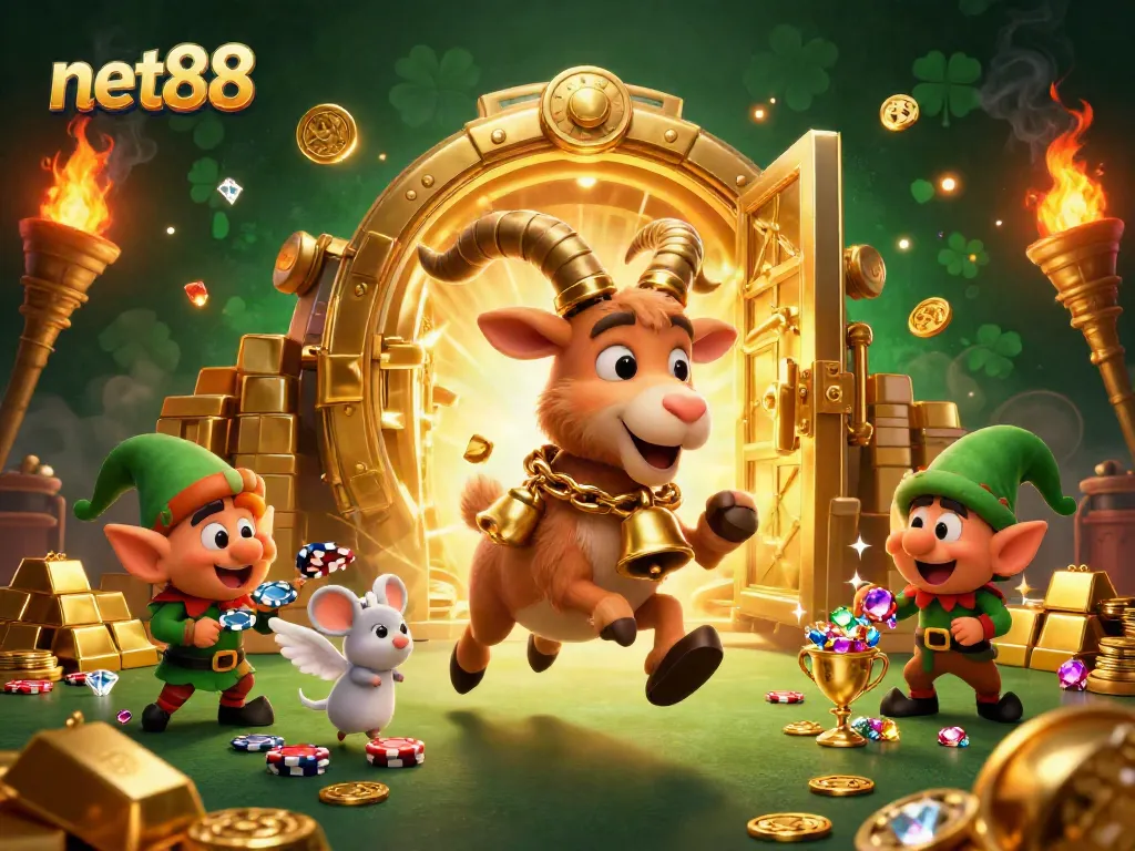 Experience net88's vibrant casino ambiance featuring whimsical characters and treasure-filled adventures.