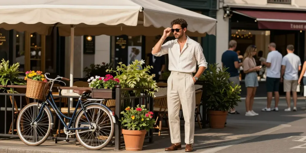 Stylish man in tailored summer outfit at a Men's Clothing Online Boutique café terrace, showcasing modern Italian fashion.