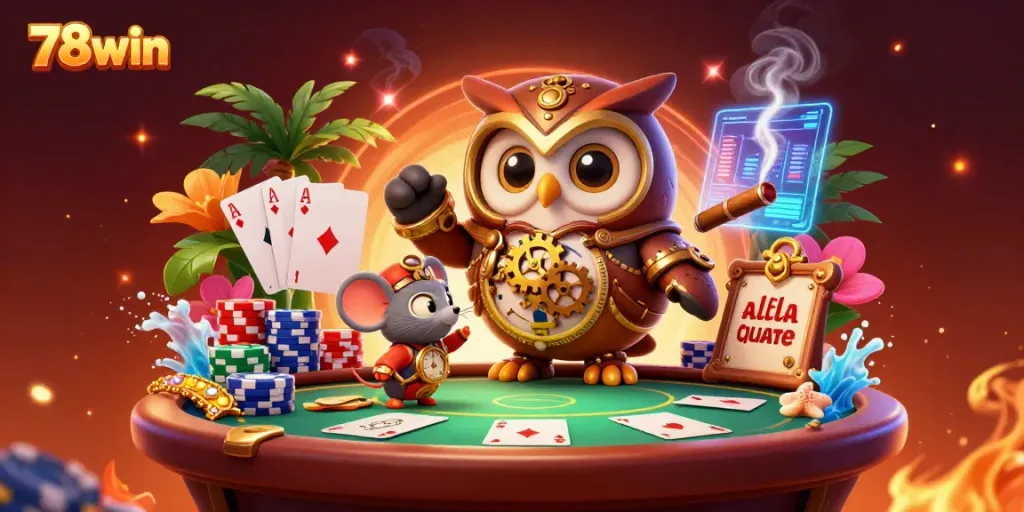 Experience the vibrant 78win gaming world with dynamic elements and characters in a steampunk casino scene.
