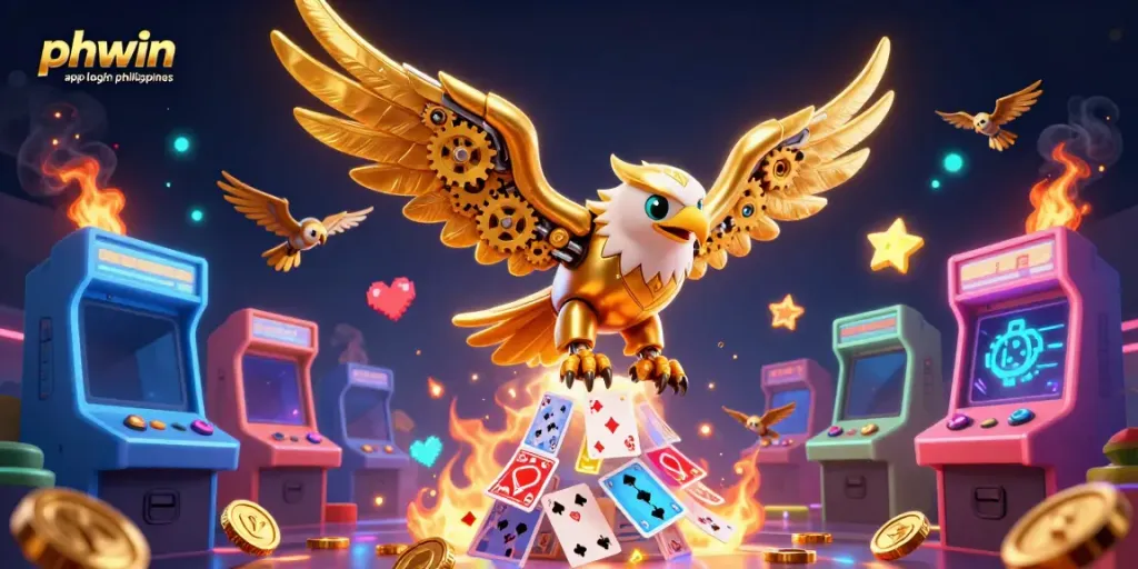 Engage in exciting gameplay with the phwin app login philippines showcased in a vibrant casino scene, featuring a dynamic golden eagle.