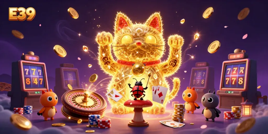 Experience E39's vibrant casino atmosphere with a dynamic lucky cat formation and sparkling gaming symbols.