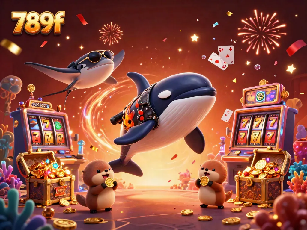 Experience the thrill of 789f with cartoon characters enjoying slots and coins in a festive underwater scene.