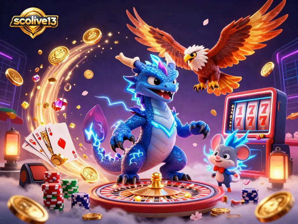 Experience the thrilling gaming atmosphere with socolive13 featuring dynamic characters and casino elements in this vibrant 3D illustration.