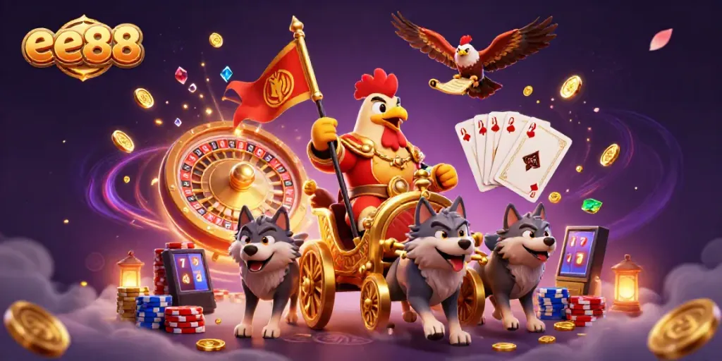 Experience thrilling wins with ee88, featuring a rooster warlord in a dynamic 3D casino scene.